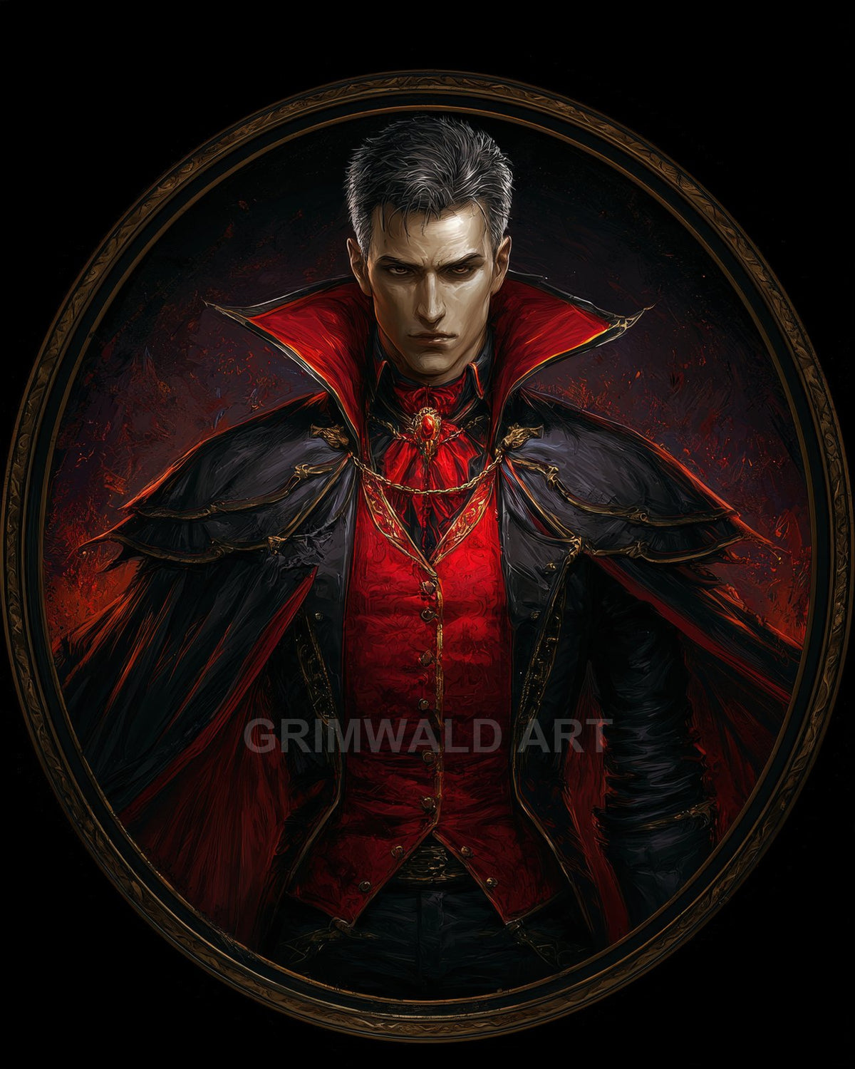 Dark fantasy portrait of a stern male vampire in red brocade waistcoat and black high-collared cape, framed within an ornate oval.