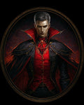 GRID THUMBNAIL — Dark fantasy portrait of a stern male vampire in red brocade waistcoat and black high-collared cape, framed within an ornate oval.