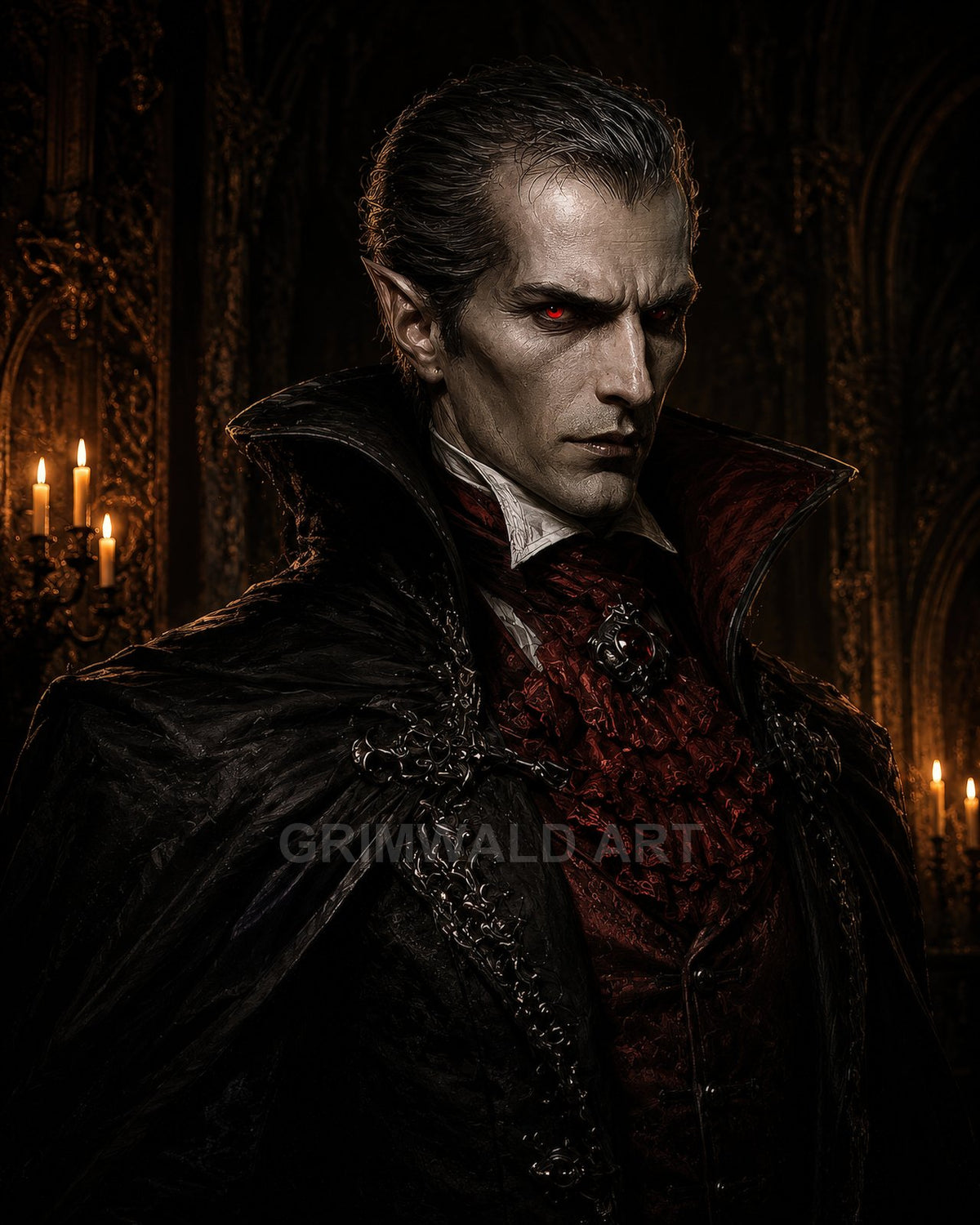A pale, red-eyed vampire noble in a high-collared black cloak and crimson brocade, standing in a candlelit gothic castle interior.
