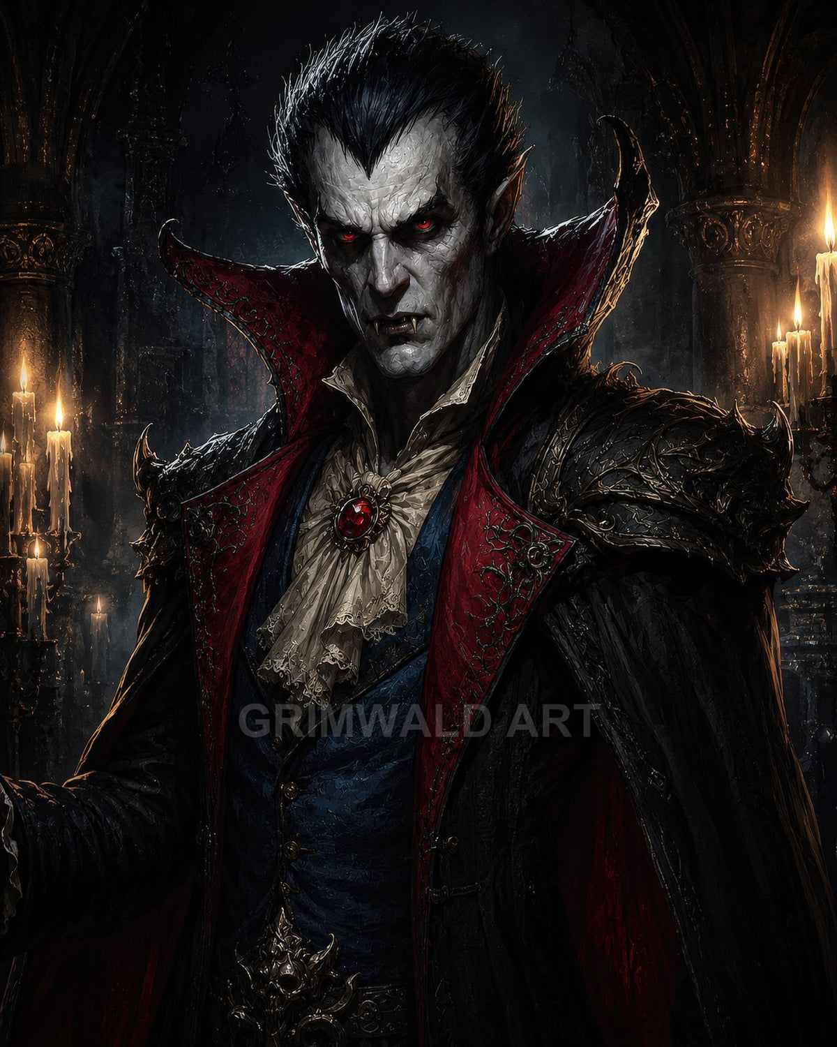 A pale, red-eyed vampire noble in an ornate red and black cloak and lace cravat stands in a candlelit gothic castle interior.