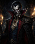 GRID THUMBNAIL — A pale, red-eyed vampire noble in an ornate red and black cloak and lace cravat stands in a candlelit gothic castle interior.