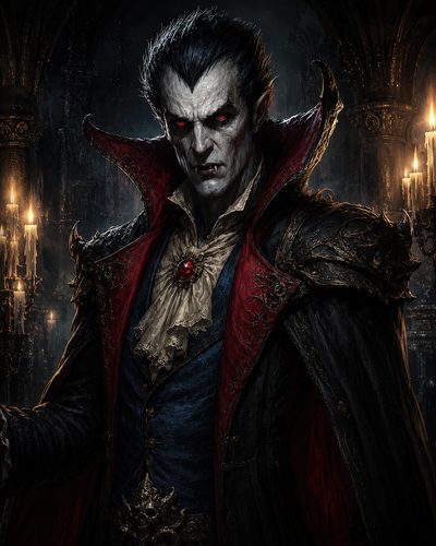 GRID THUMBNAIL — A pale, red-eyed vampire noble in an ornate red and black cloak and lace cravat stands in a candlelit gothic castle interior.