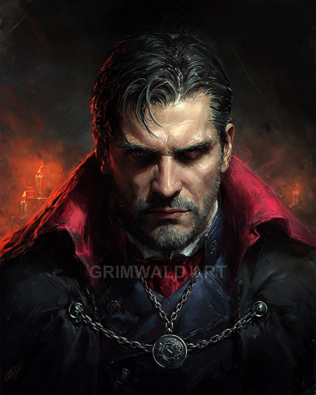 Brooding male vampire with red eyes and a high crimson collar, chain pendant and cloak, lit by candle flames against a smoky darkness.
