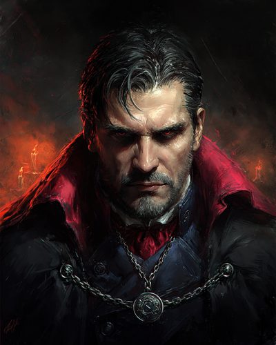 GRID THUMBNAIL — Brooding male vampire with red eyes and a high crimson collar, chain pendant and cloak, lit by candle flames against a smoky darkness.
