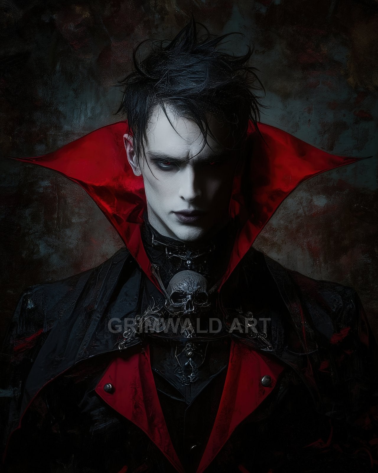 Pale-faced male vampire with red eyes and high crimson collar, wearing black gothic attire with skull brooch, against a dark textured backdrop.