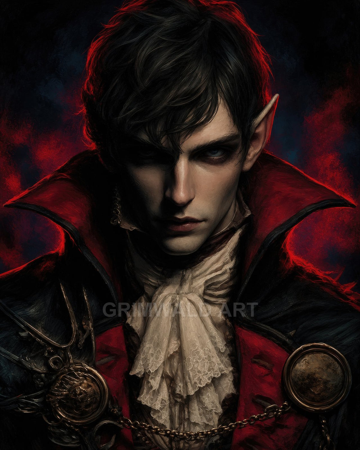 Dark fantasy portrait of a male vampire with pointed ears, red high collar, lace cravat and ornate medallion, lit against a smoky red-black background.