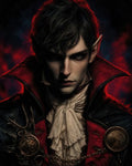 GRID THUMBNAIL — Dark fantasy portrait of a male vampire with pointed ears, red high collar, lace cravat and ornate medallion, lit against a smoky red-black background.