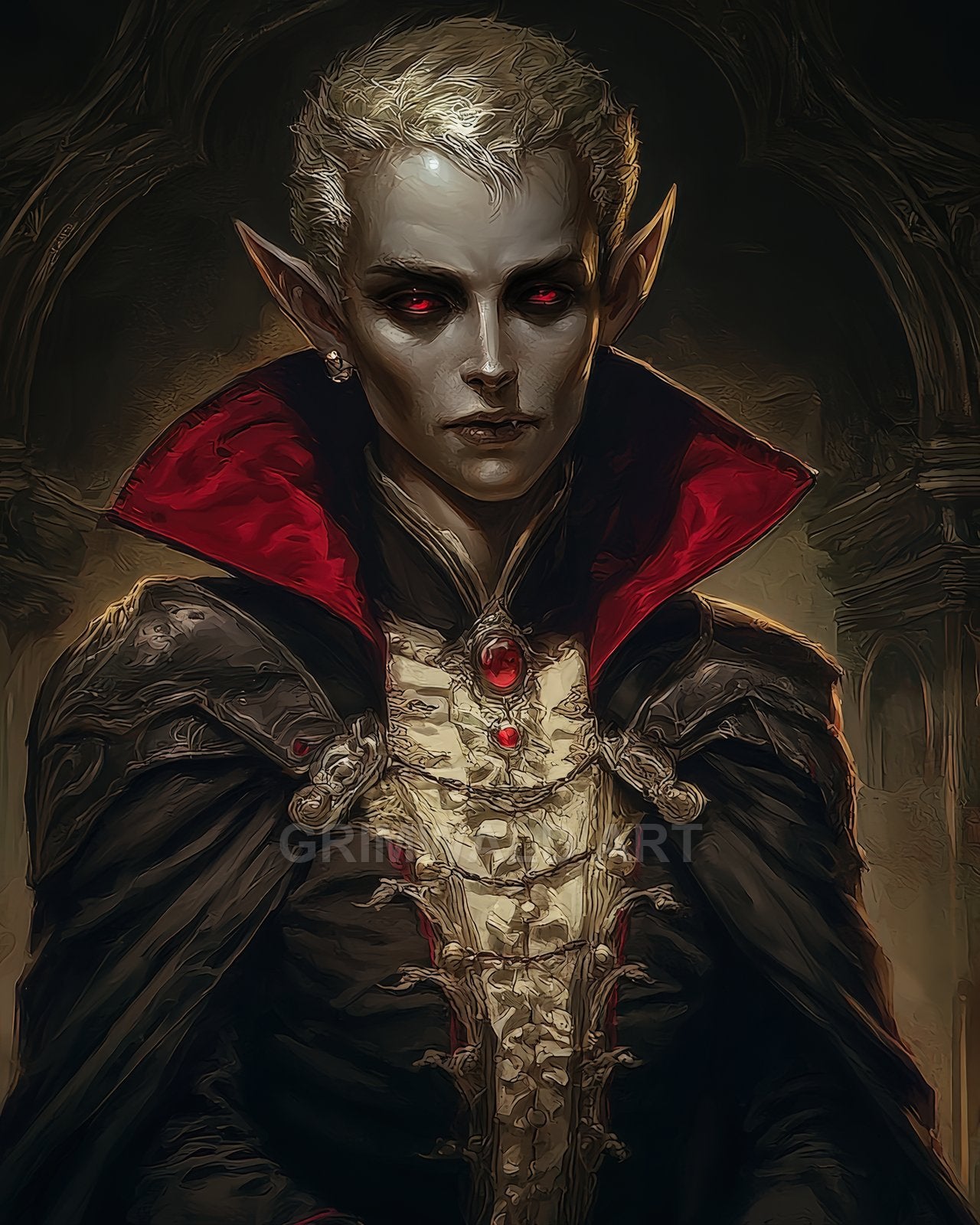 Androgynous vampire with red eyes and pointed ears wearing a black cloak and crimson collar, jewelled pendant, in a shadowy gothic interior.
