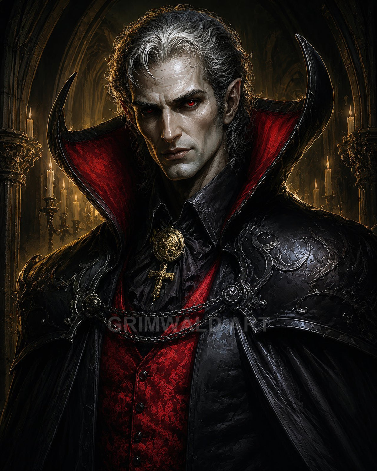 Pale male vampire with red eyes and a high crimson-collared cloak stands in a candlelit gothic cathedral, wearing ornate black armour and pendants.