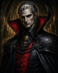 GRID THUMBNAIL — Pale male vampire with red eyes and a high crimson-collared cloak stands in a candlelit gothic cathedral, wearing ornate black armour and pendants.