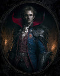 GRID THUMBNAIL — Gothic portrait of a pale aristocratic figure with red high collar, dark armour and jewel pendant, lit by candles against a shadowy background.