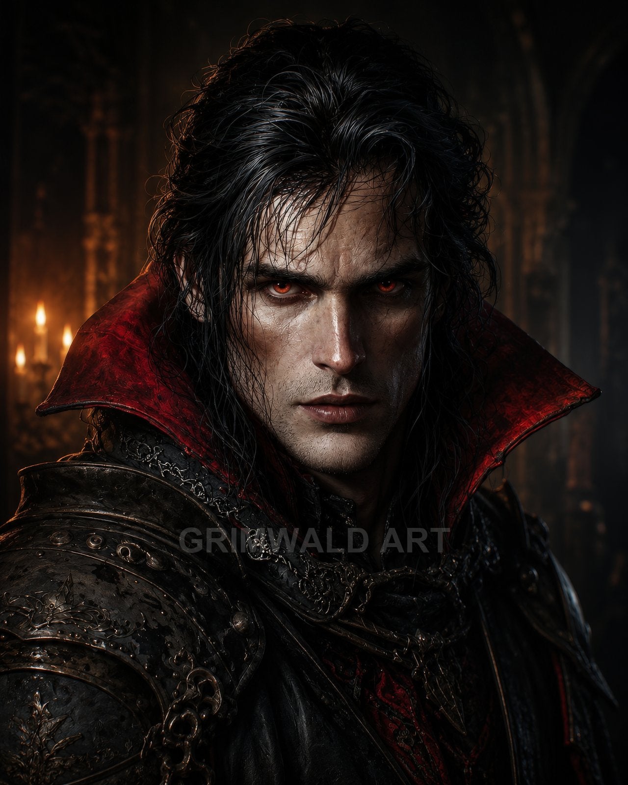 Close portrait of a pale male vampire in ornate black armour with a high red collar, glowing red eyes, and candlelit castle interior.