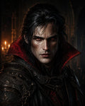 GRID THUMBNAIL — Close portrait of a pale male vampire in ornate black armour with a high red collar, glowing red eyes, and candlelit castle interior.