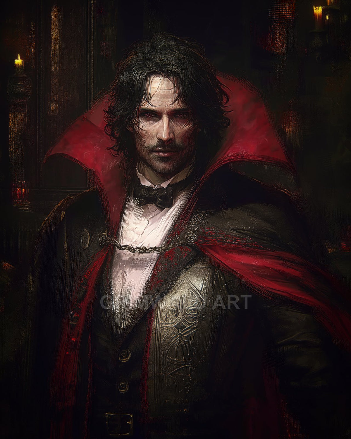 Portrait of a pale male vampire in a red-collared cloak and formal suit, lit by candles in a dark interior.