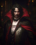 GRID THUMBNAIL — Portrait of a pale male vampire in a red-collared cloak and formal suit, lit by candles in a dark interior.