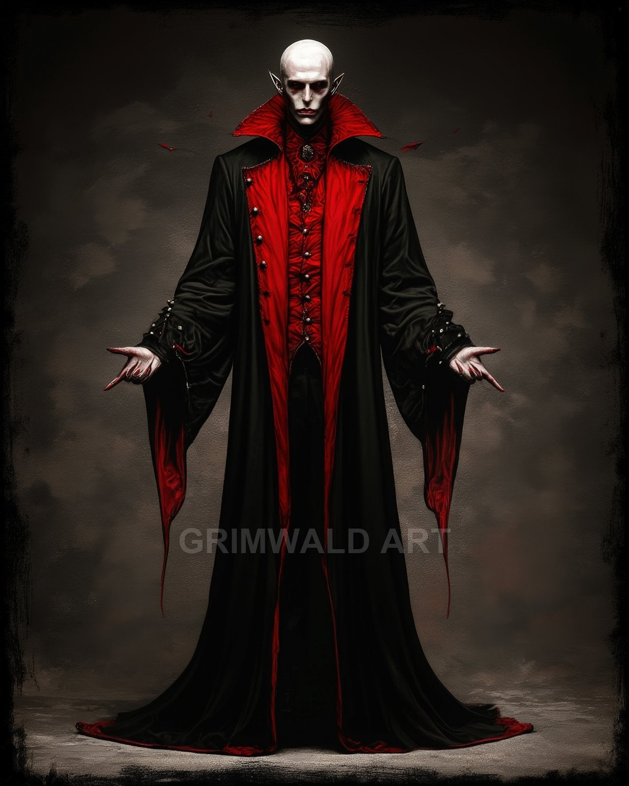 Tall pale vampire in a black and crimson high-collared robe stands with hands slightly raised against a dark interior backdrop, stern and regal.