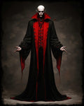 GRID THUMBNAIL — Tall pale vampire in a black and crimson high-collared robe stands with hands slightly raised against a dark interior backdrop, stern and regal.