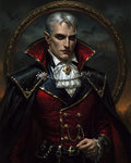 GRID THUMBNAIL — Regal vampire noble with red eyes and ornate cravat, black cape and red waistcoat, framed by bats and a distant gothic castle at night.