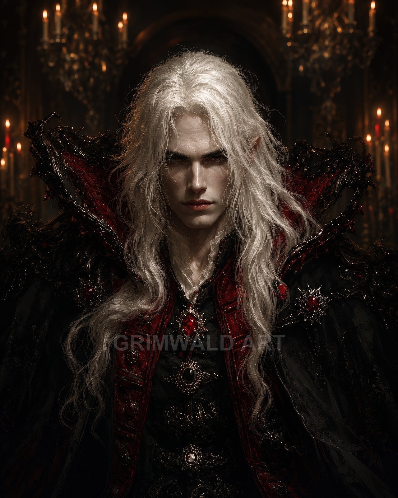 Pale, long-haired vampire noble in ornate black and red regalia, high collar and jewels, standing in a candlelit interior with chandeliers.