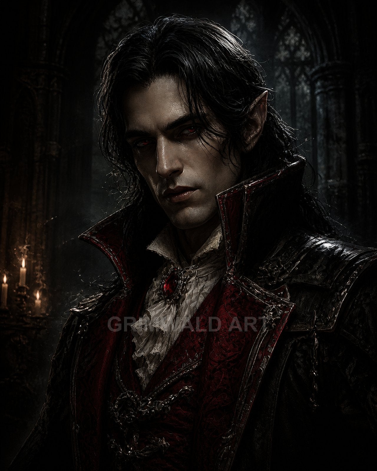 Gothic portrait of a male vampire with red eyes, high-collared crimson coat and ruffled cravat, in a candlelit cathedral interior.