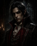 GRID THUMBNAIL — Gothic portrait of a male vampire with red eyes, high-collared crimson coat and ruffled cravat, in a candlelit cathedral interior.