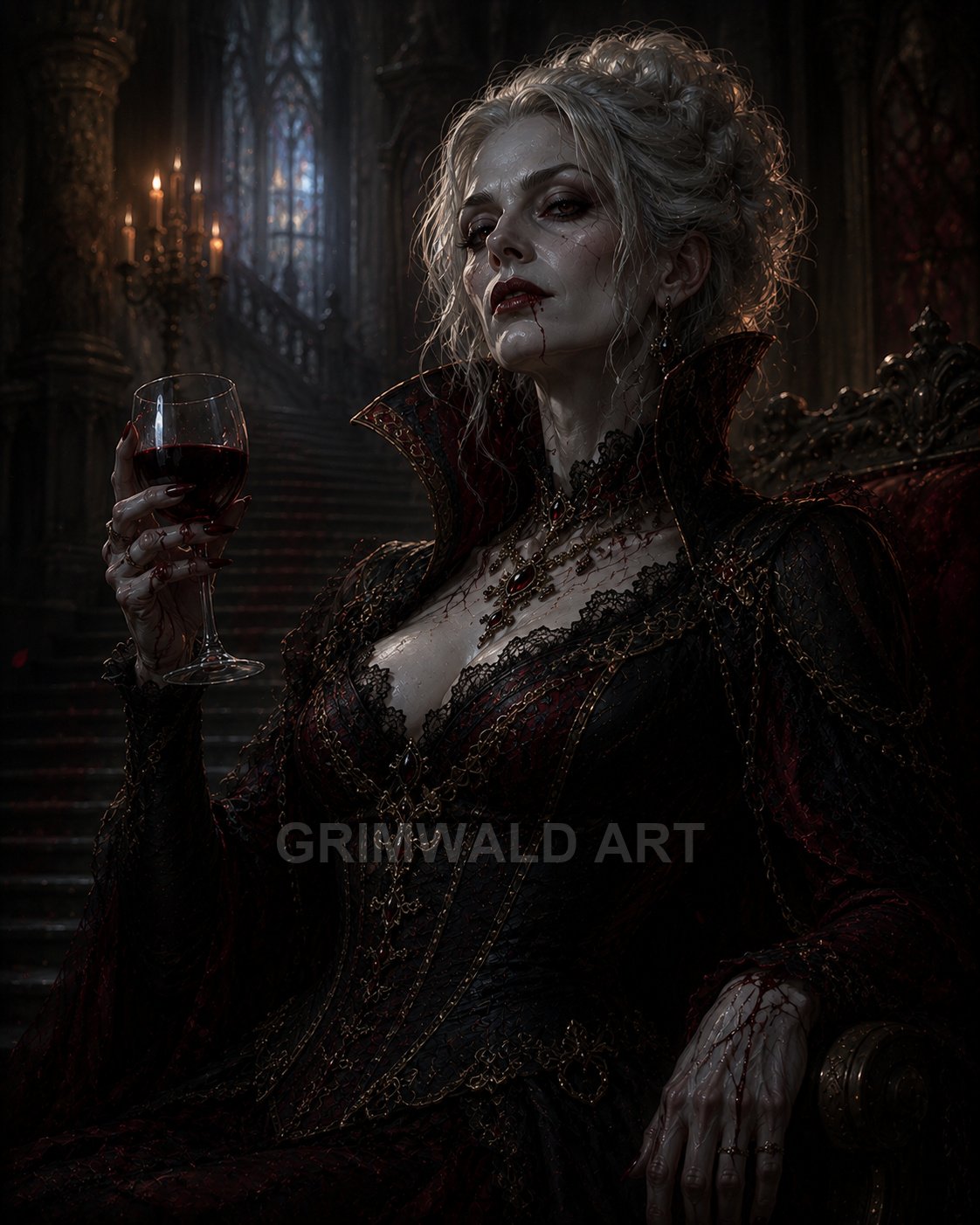 Pale vampire noblewoman in ornate black lace gown sits on a throne, holding a blood-filled wine glass, with candlelit gothic castle interior behind.