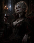 GRID THUMBNAIL — Pale vampire noblewoman in ornate black lace gown sits on a throne, holding a blood-filled wine glass, with candlelit gothic castle interior behind.