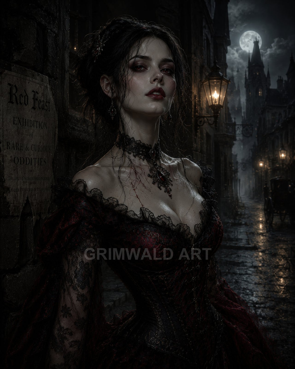 Gothic vampire woman in a crimson lace dress stands on a rainy, moonlit city street with gas lamps and spires, blood on her neck.