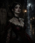 GRID THUMBNAIL — Gothic vampire woman in a crimson lace dress stands on a rainy, moonlit city street with gas lamps and spires, blood on her neck.