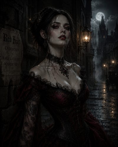 GRID THUMBNAIL — Gothic vampire woman in a crimson lace dress stands on a rainy, moonlit city street with gas lamps and spires, blood on her neck.