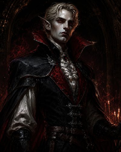 GRID THUMBNAIL — Pale male vampire in ornate black and red attire stands in candlelit gothic interior, pointed ears and red eyes exuding ominous aristocratic presence.