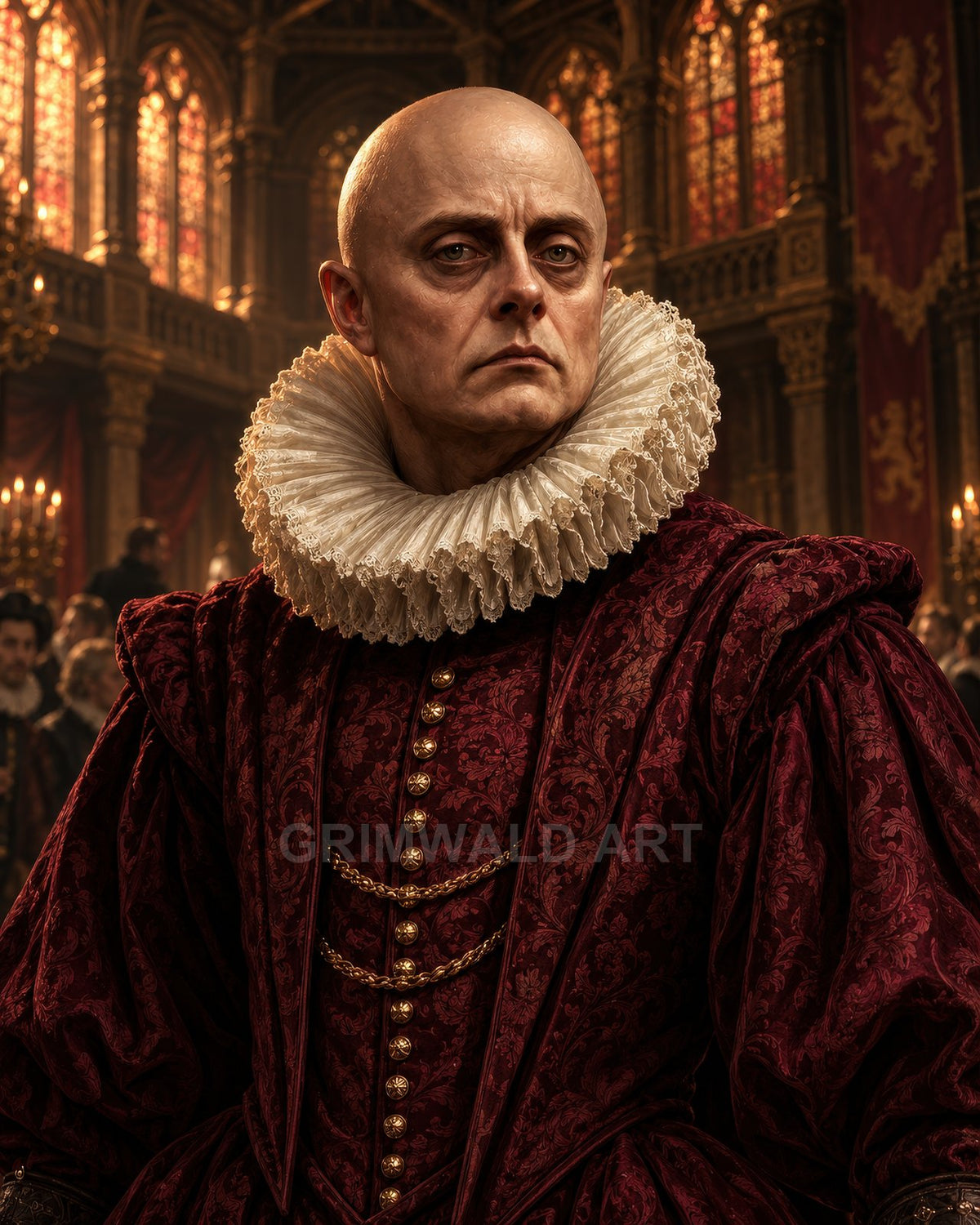 A stern bald nobleman in crimson brocade with a ruff collar stands in a candlelit castle hall adorned with stained glass and banners.