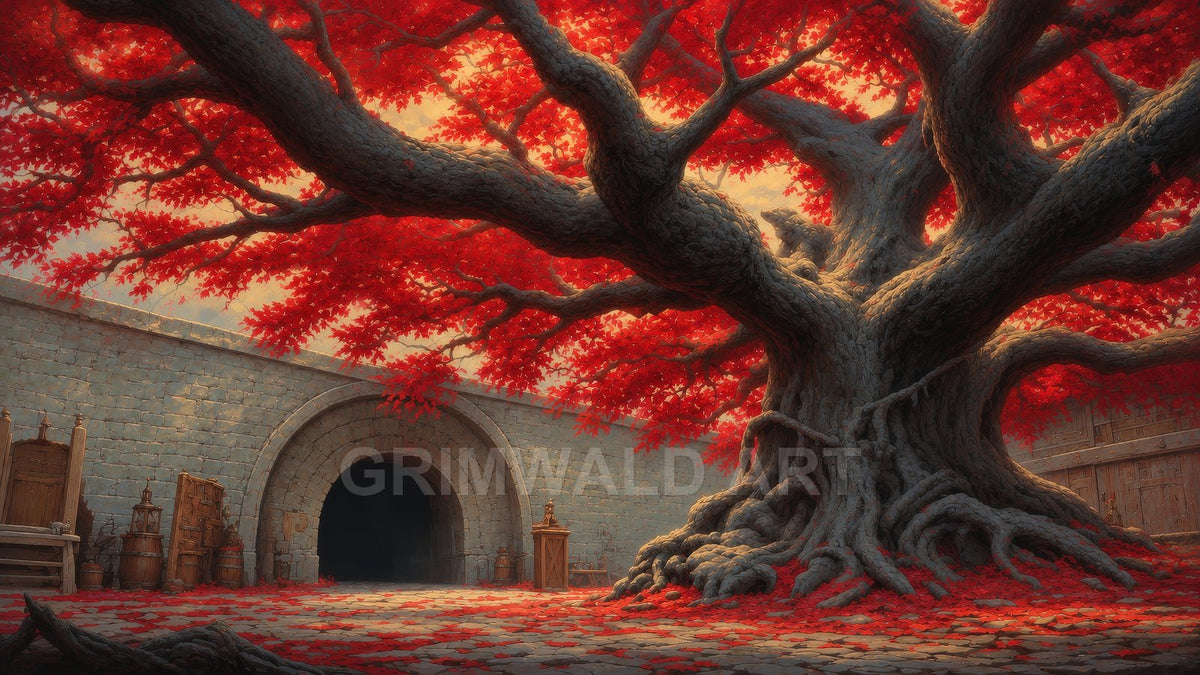 Ancient grey-barked tree with vivid red leaves spreading across a castle courtyard, fallen foliage carpeting stone paving beside a dark arched gate.