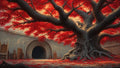 GRID THUMBNAIL — Ancient grey-barked tree with vivid red leaves spreading across a castle courtyard, fallen foliage carpeting stone paving beside a dark arched gate.