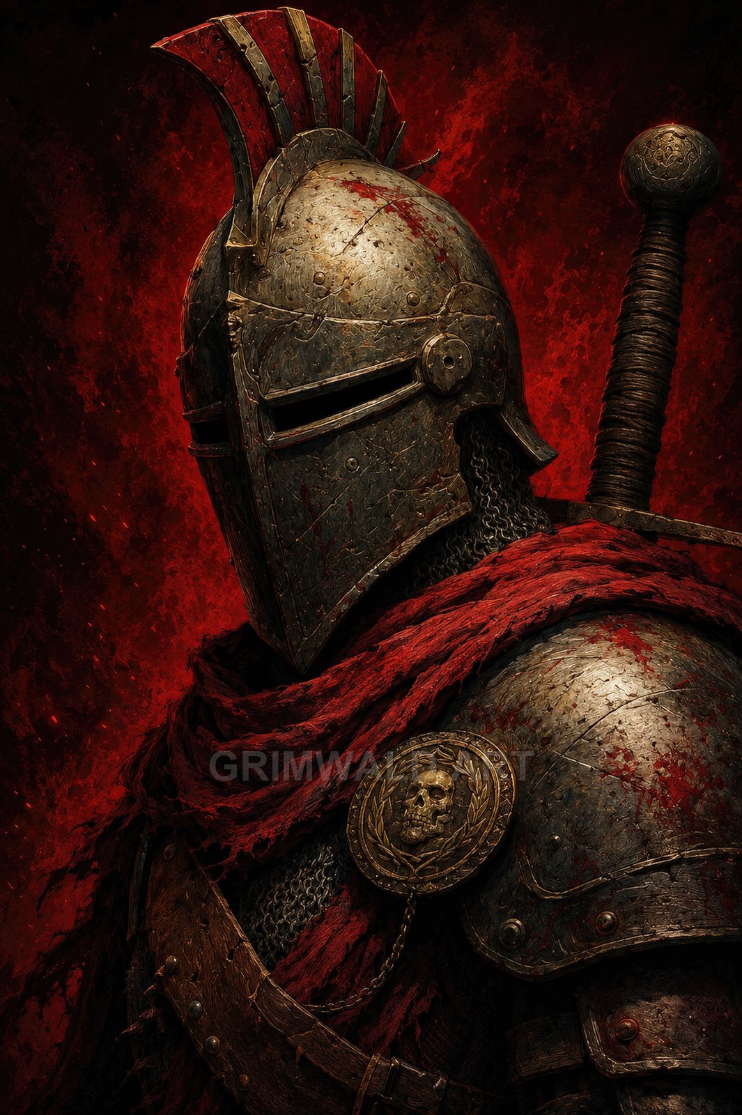 Close-up of a heavily armoured knight with red crest and cloak, blood-scarred helm, skull medallion and sword hilt, set against a blazing red background.