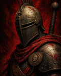 GRID THUMBNAIL — Close-up of a heavily armoured knight with red crest and cloak, blood-scarred helm, skull medallion and sword hilt, set against a blazing red background.