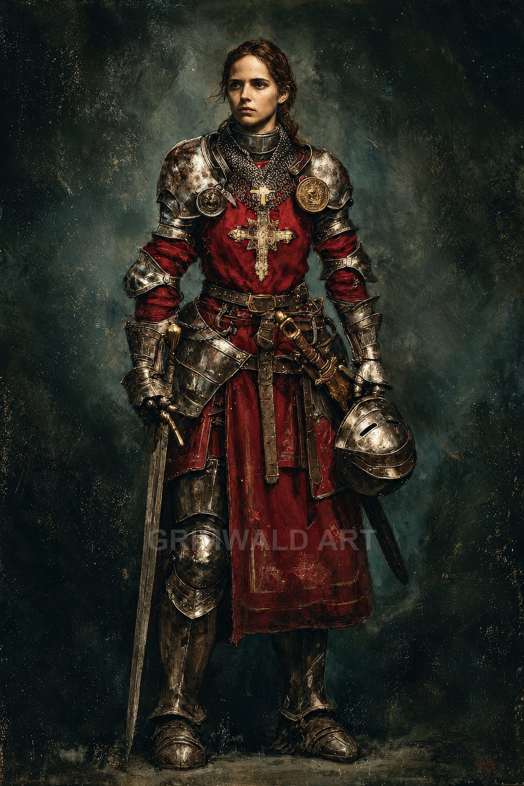 A female paladin in worn plate armour and a red surcoat bearing a gilded cross, holding a sword and helmet against a dark textured backdrop.