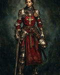 GRID THUMBNAIL — A female paladin in worn plate armour and a red surcoat bearing a gilded cross, holding a sword and helmet against a dark textured backdrop.