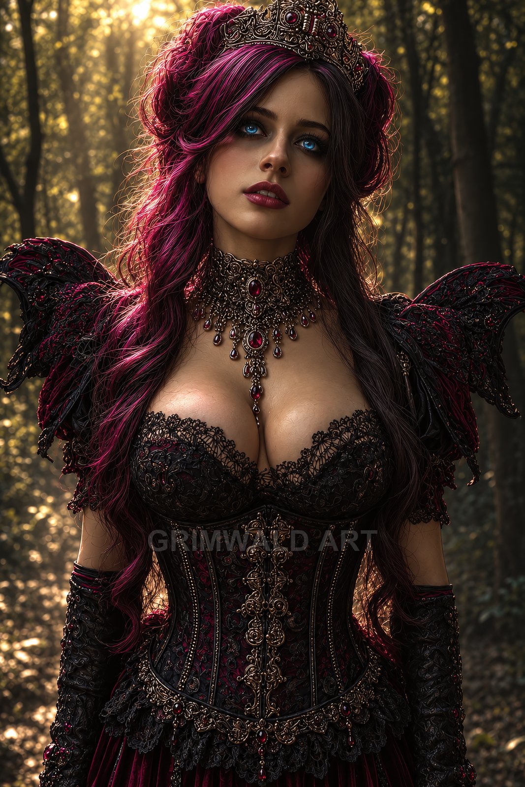 A regal blue-eyed woman with magenta hair, wearing ornate black and red corset armour and jewelled crown, standing in sunlit woodland.