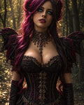 GRID THUMBNAIL — A regal blue-eyed woman with magenta hair, wearing ornate black and red corset armour and jewelled crown, standing in sunlit woodland.