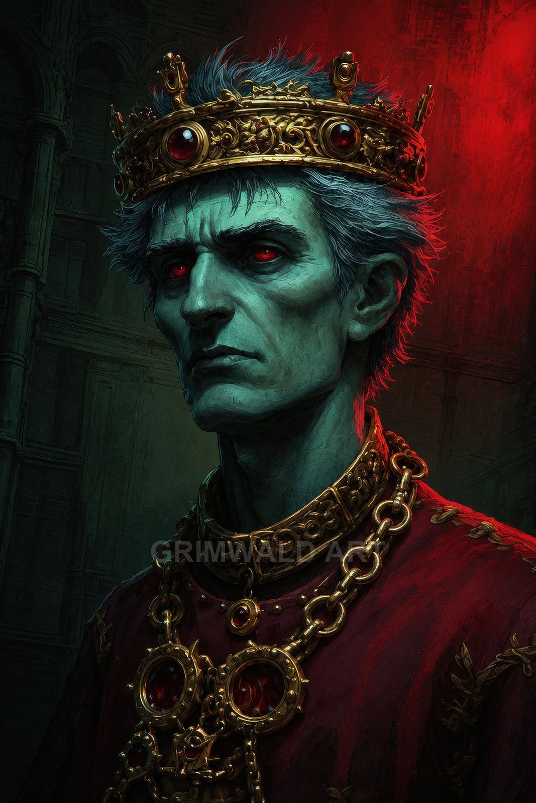 Portrait of a gaunt vampire king with red glowing eyes, ornate gold crown and chains, in a dim cathedral interior lit by red firelight.