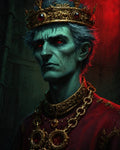 GRID THUMBNAIL — Portrait of a gaunt vampire king with red glowing eyes, ornate gold crown and chains, in a dim cathedral interior lit by red firelight.