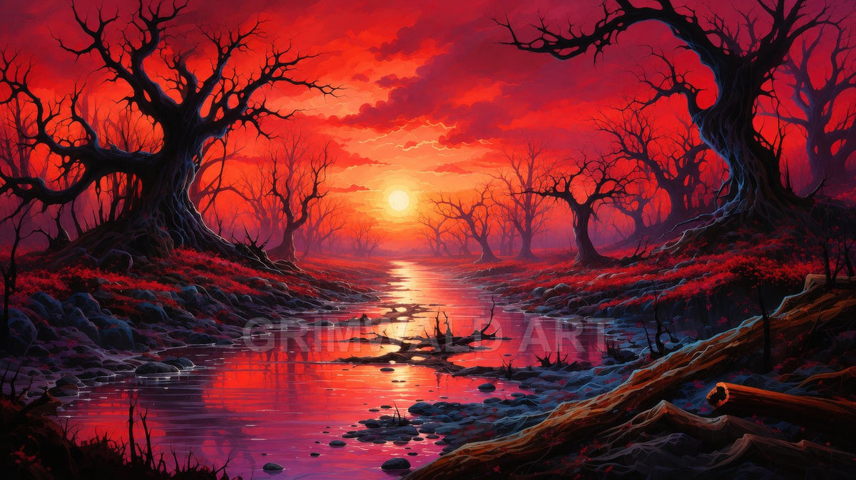 A red-lit forest of gnarled dead trees borders a reflective river under a fiery sunset, with rocks and fallen logs along the banks.