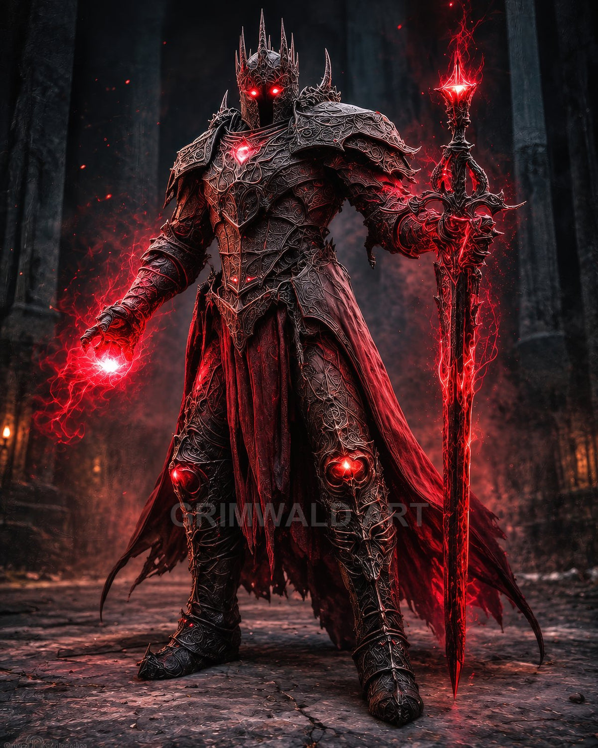 A towering armoured death knight with glowing red eyes, flaming rune sword, and crackling spell orb stands inside a dark, ruined cathedral.