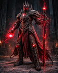 GRID THUMBNAIL — A towering armoured death knight with glowing red eyes, flaming rune sword, and crackling spell orb stands inside a dark, ruined cathedral.