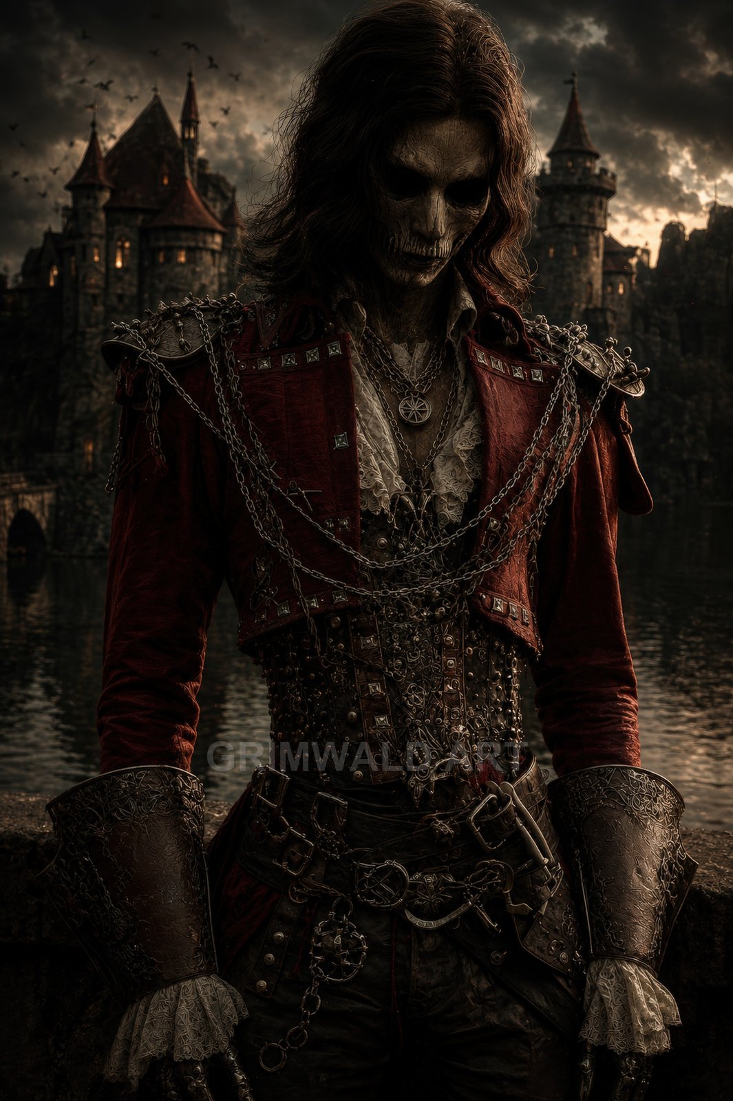 Undead figure in a crimson, chain-laden coat stands before a lakeside castle at twilight, skull-like face, ornate gauntlets, layered belts and chains.