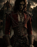 GRID THUMBNAIL — Undead figure in a crimson, chain-laden coat stands before a lakeside castle at twilight, skull-like face, ornate gauntlets, layered belts and chains.