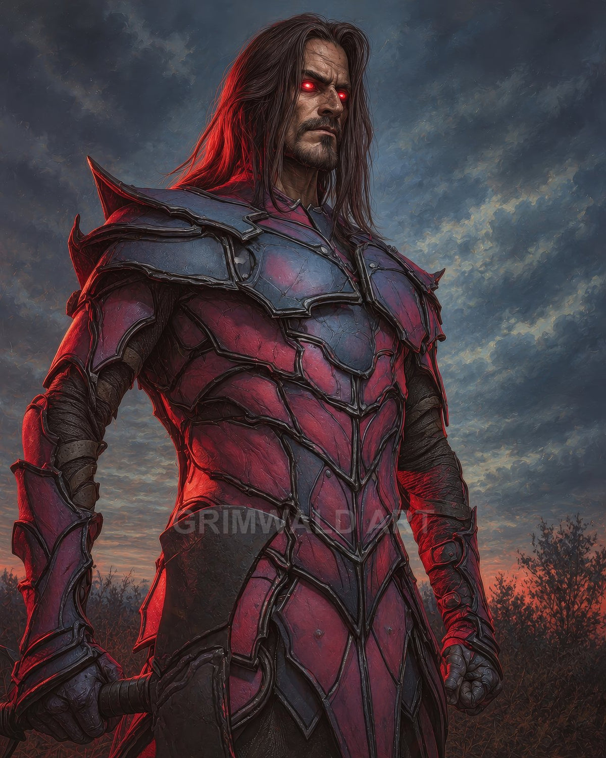 Armoured undead warrior with glowing red eyes in crimson and black plate, gripping a sword beneath a dramatic cloudy sky lit by sunset.