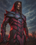 GRID THUMBNAIL — Armoured undead warrior with glowing red eyes in crimson and black plate, gripping a sword beneath a dramatic cloudy sky lit by sunset.