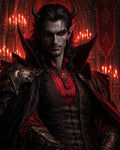 GRID THUMBNAIL — Horned red-eyed male demon in ornate black armour and crimson garments, standing before candlelit gothic cathedral arches and hanging banners.
